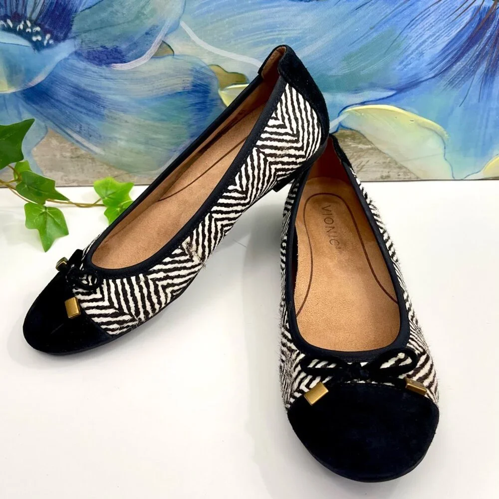 Vionic Minna Zebra Print Ballet Flats With Bow Detail -‎ Black & White Size 6